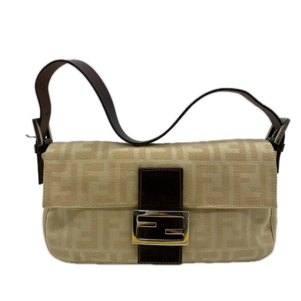 FENDI ZUCCA Mamma Bucket Shoulder Bag 26424 Handbag Beige Brown Canvas Calf L...